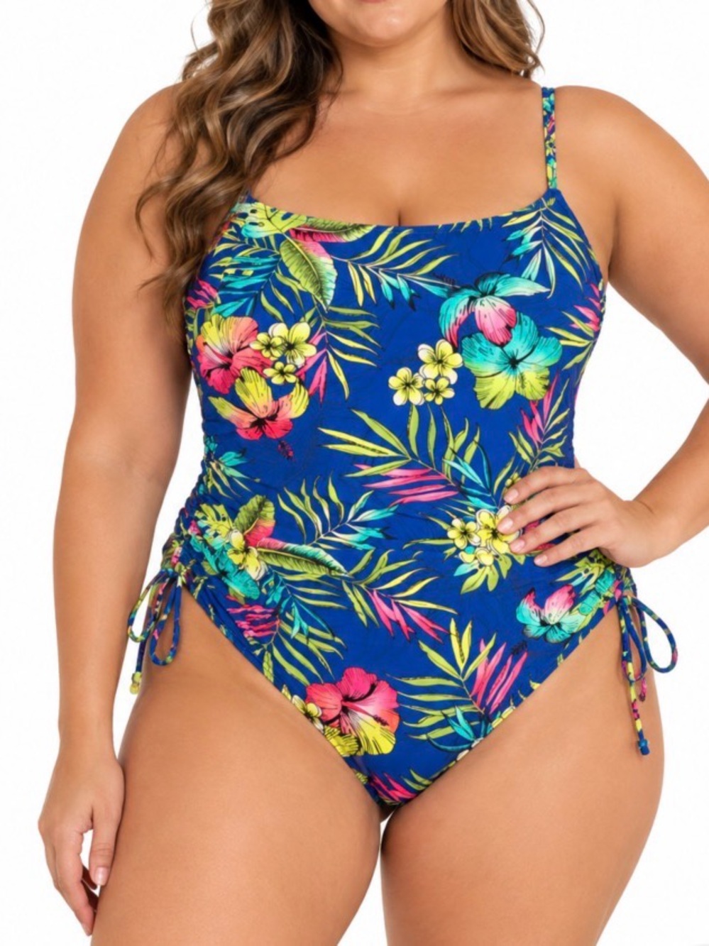 NEW LOFT Blue Tropical Floral One-Piece Swimsuit Adjustable Side Ties UPF 50 XXL